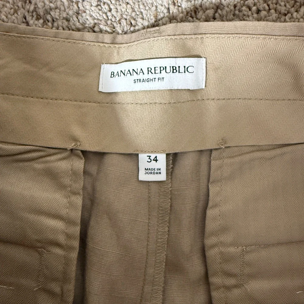 Banana Republic Mens Khaki Linen Blend Double Pleated Straight Fit Pants Size 34